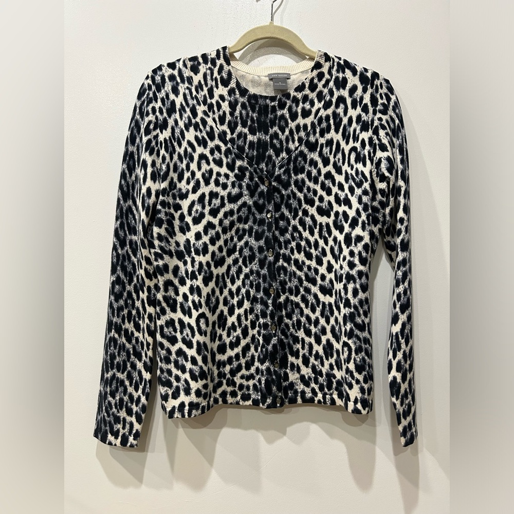 Navy Blue and Cream Leopard Print Ann Taylor Sweater Set